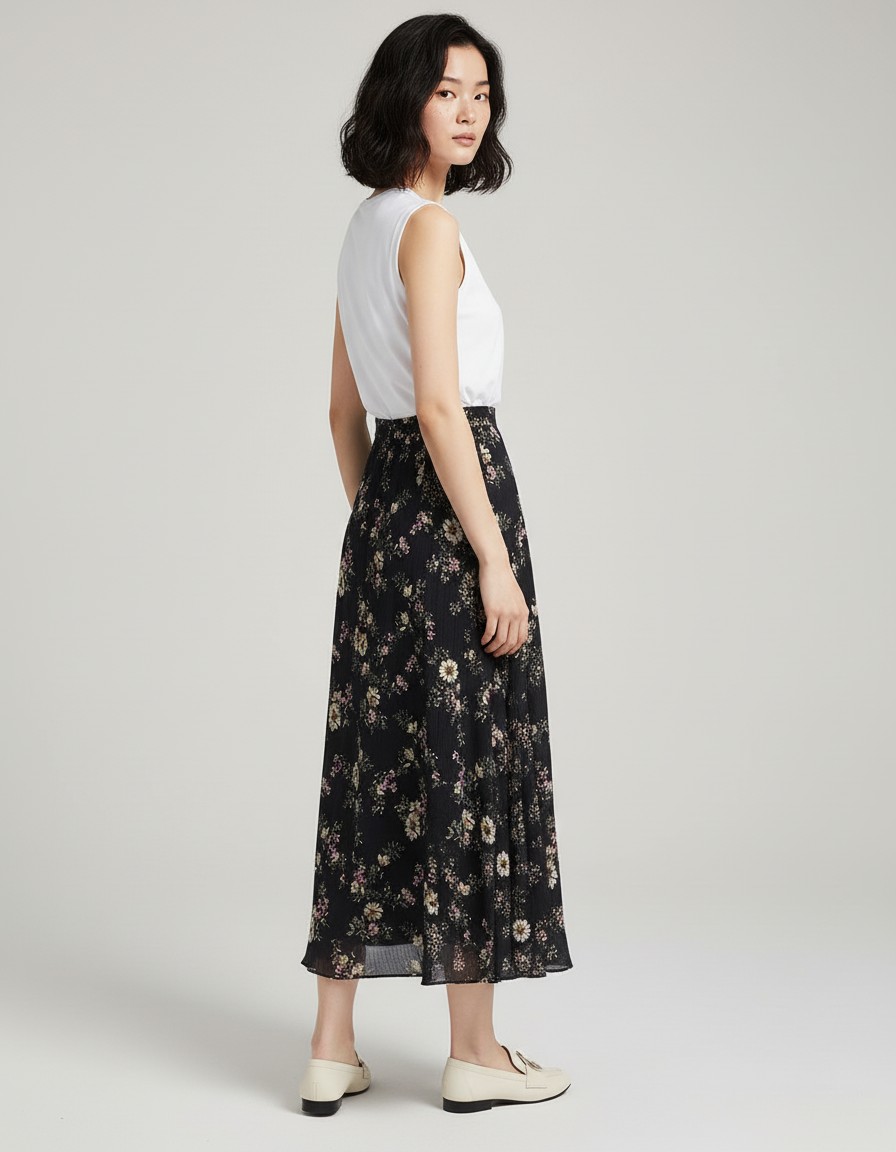Jupe Longue Noire Florale Fluide Bohème