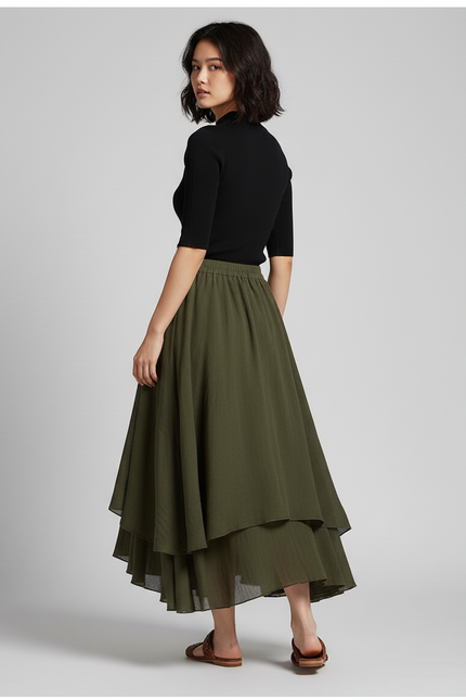 Jupe Longue Kaki Fluide Élégante