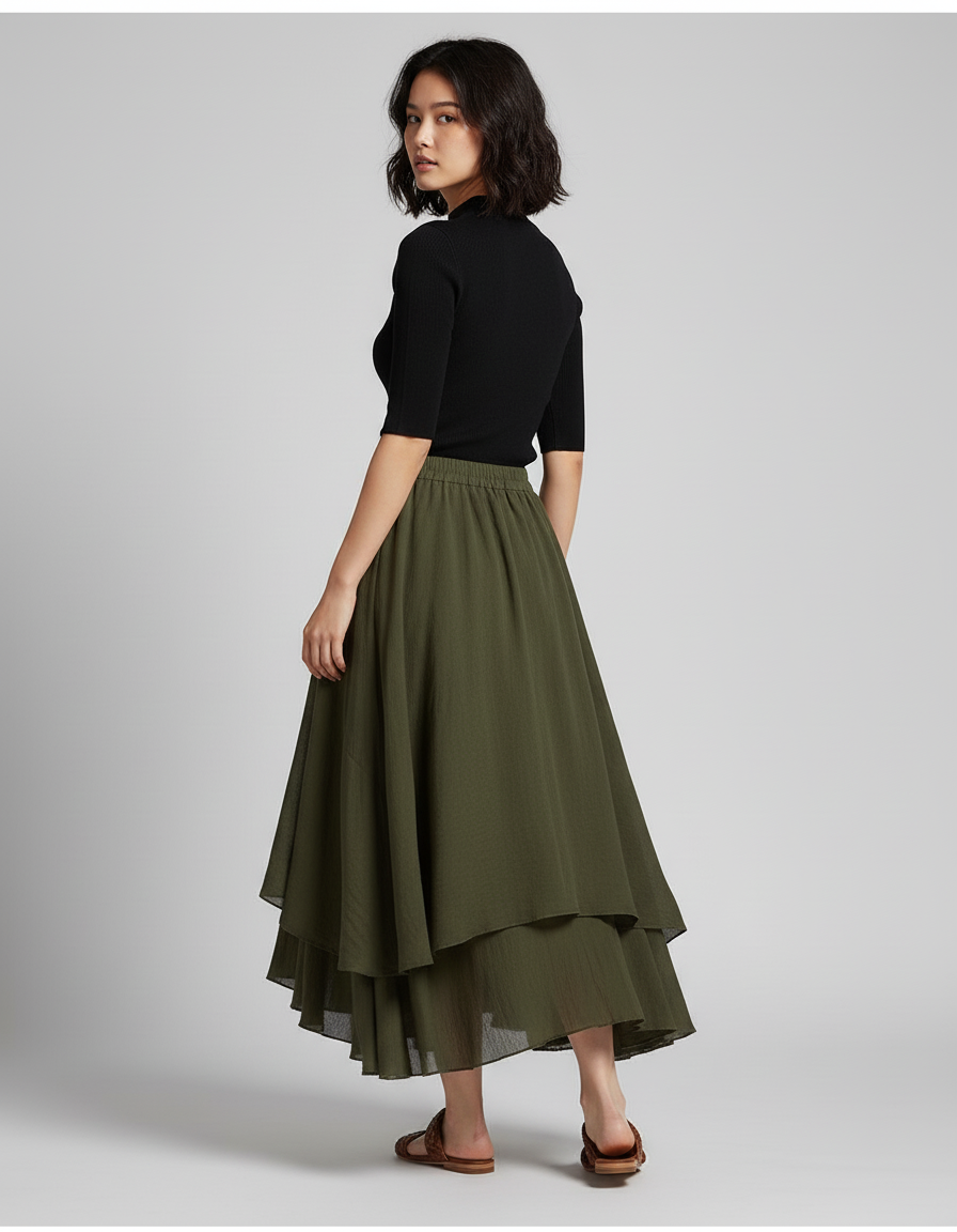 Jupe Longue Kaki Fluide Élégante