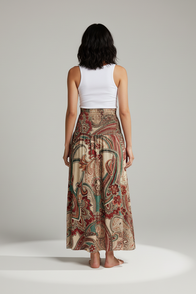 Jupe Longue Bohème Motif Floral Smockée