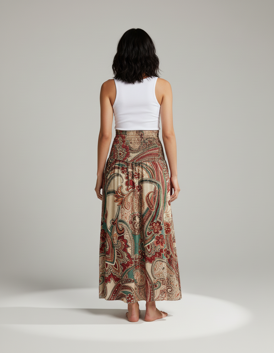 Jupe Longue Bohème Motif Floral Smockée