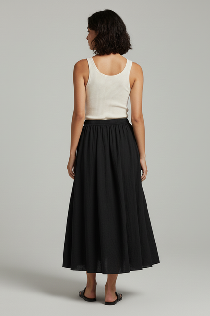 Jupe Longue Noire Coton-Lin Fluide