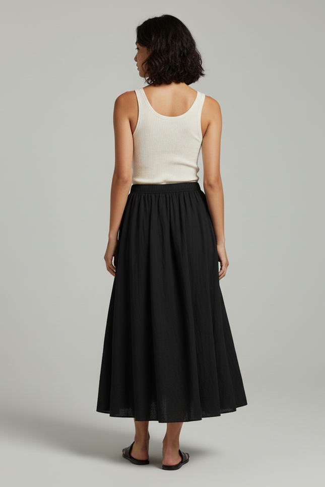 Jupe Longue Noire Coton-Lin Fluide