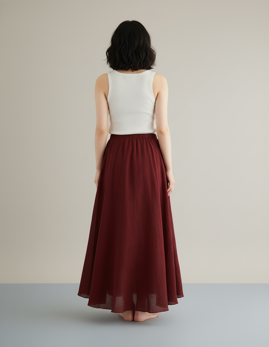 Jupe Longue Bordeaux Lin Fluide Décontractée