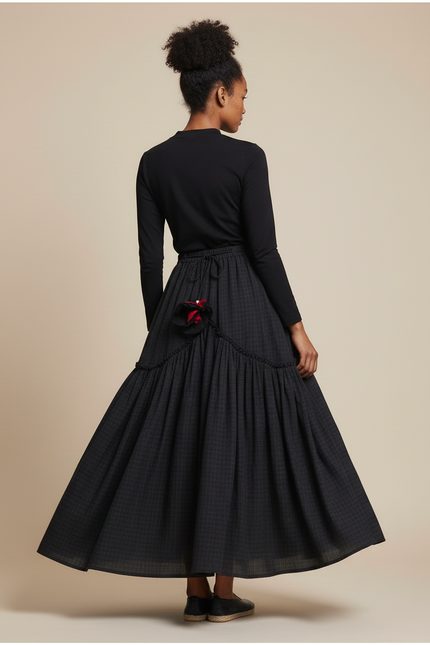 Jupe Longue Bohème Anthracite À Carreaux