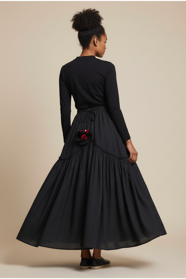 Jupe Longue Bohème Anthracite À Carreaux