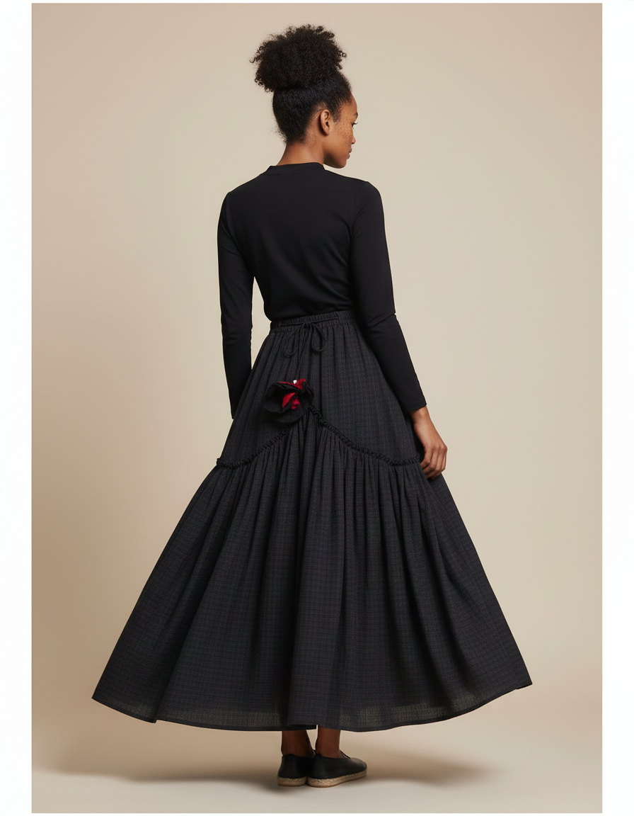 Jupe Longue Bohème Anthracite À Carreaux