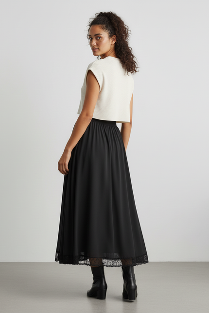 Jupe Longue Noire Dentelle Fluide