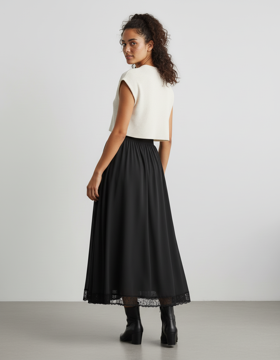 Jupe Longue Noire Dentelle Fluide