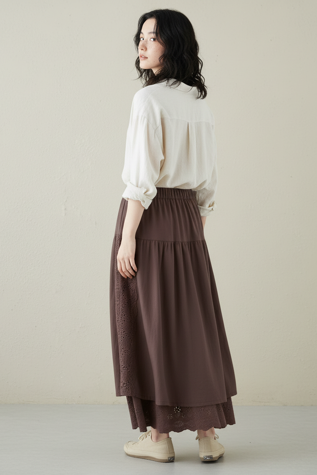 Jupe Longue Marron Dentelle Fluide