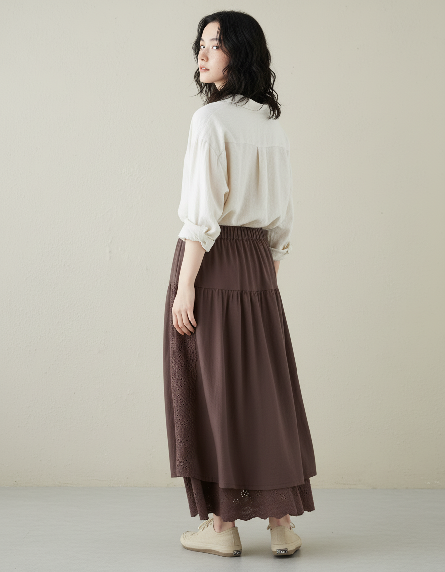 Jupe Longue Marron Dentelle Fluide