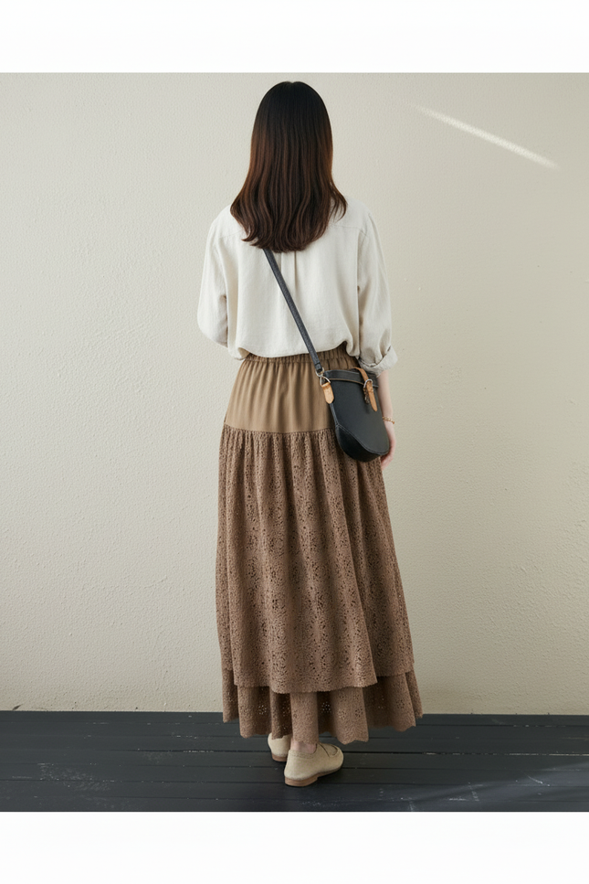 Jupe Longue Double Couche Dentelle Fluide