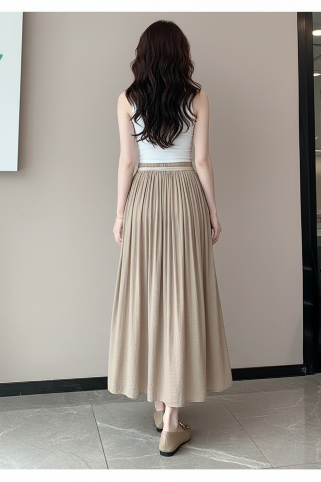 Jupe Longue Lin Kaki Fluide