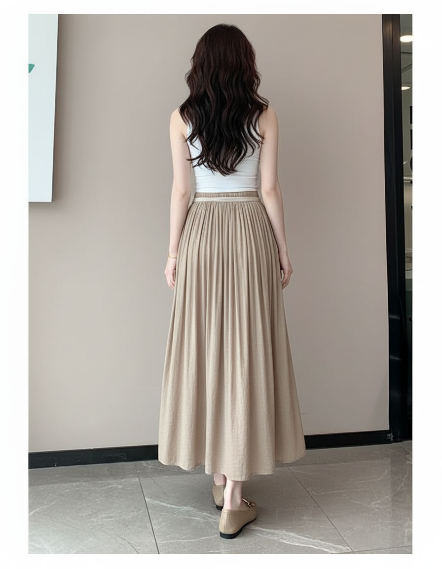 Jupe Longue Lin Kaki Fluide