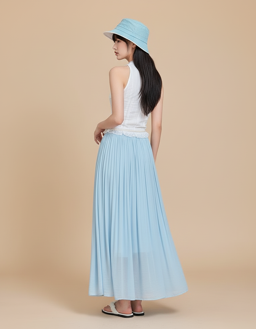 Jupe Longue Bleue Ciel Plissée