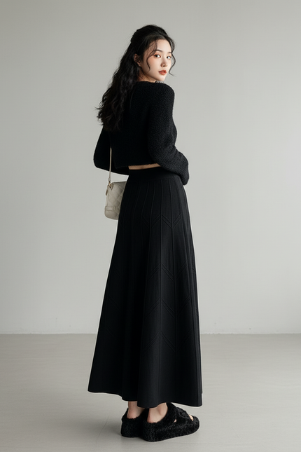 Jupe Longue Noire Tricotée Texturée Chic