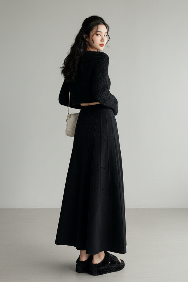 Jupe Longue Noire Tricotée Texturée Chic