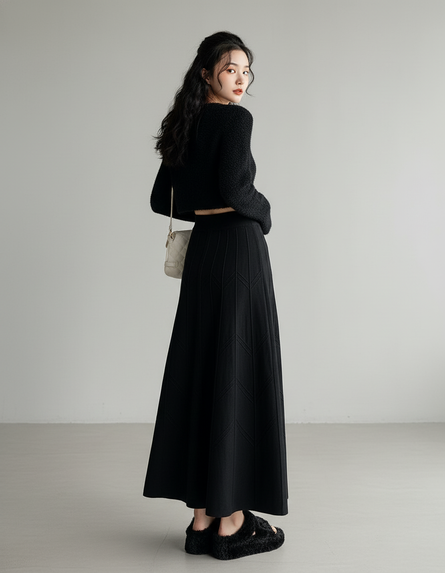 Jupe Longue Noire Tricotée Texturée Chic