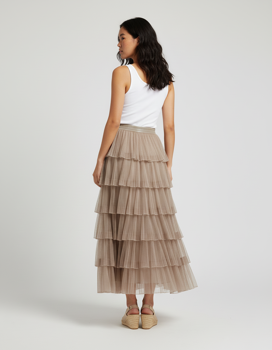 Jupe Longue Plissée Tulle Élégante Femme