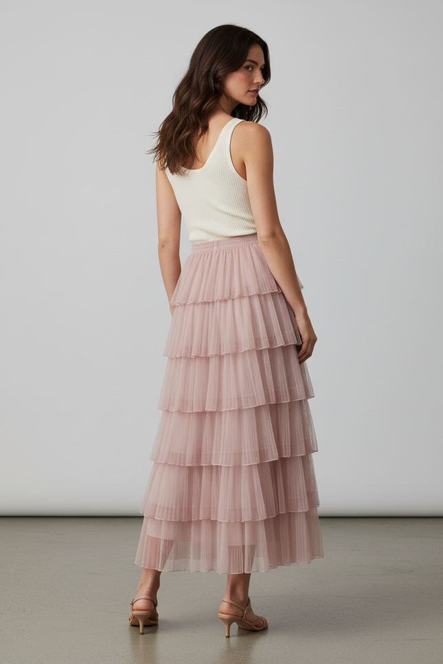 Jupe Longue Rose Pâle Plissée Élégante Chic