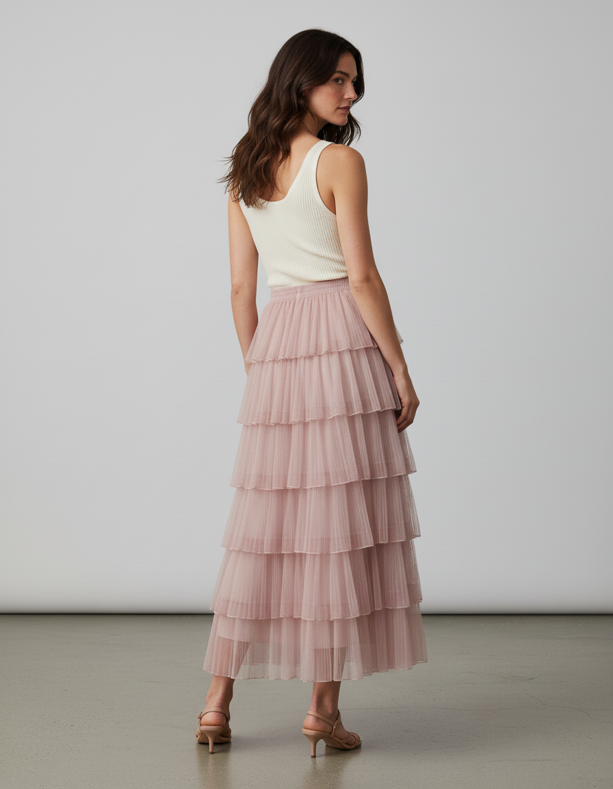 Jupe Longue Rose Pâle Plissée Élégante Chic