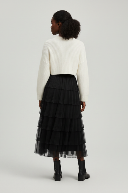 Jupe Longue Noire Plissée Élégante Mode Femme