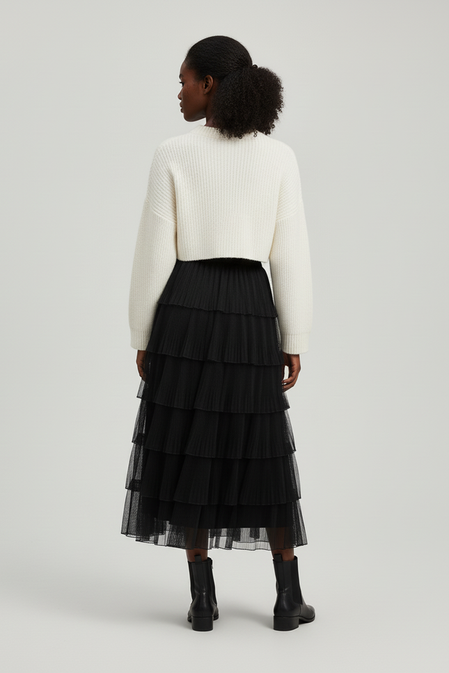 Jupe Longue Noire Plissée Élégante Mode Femme