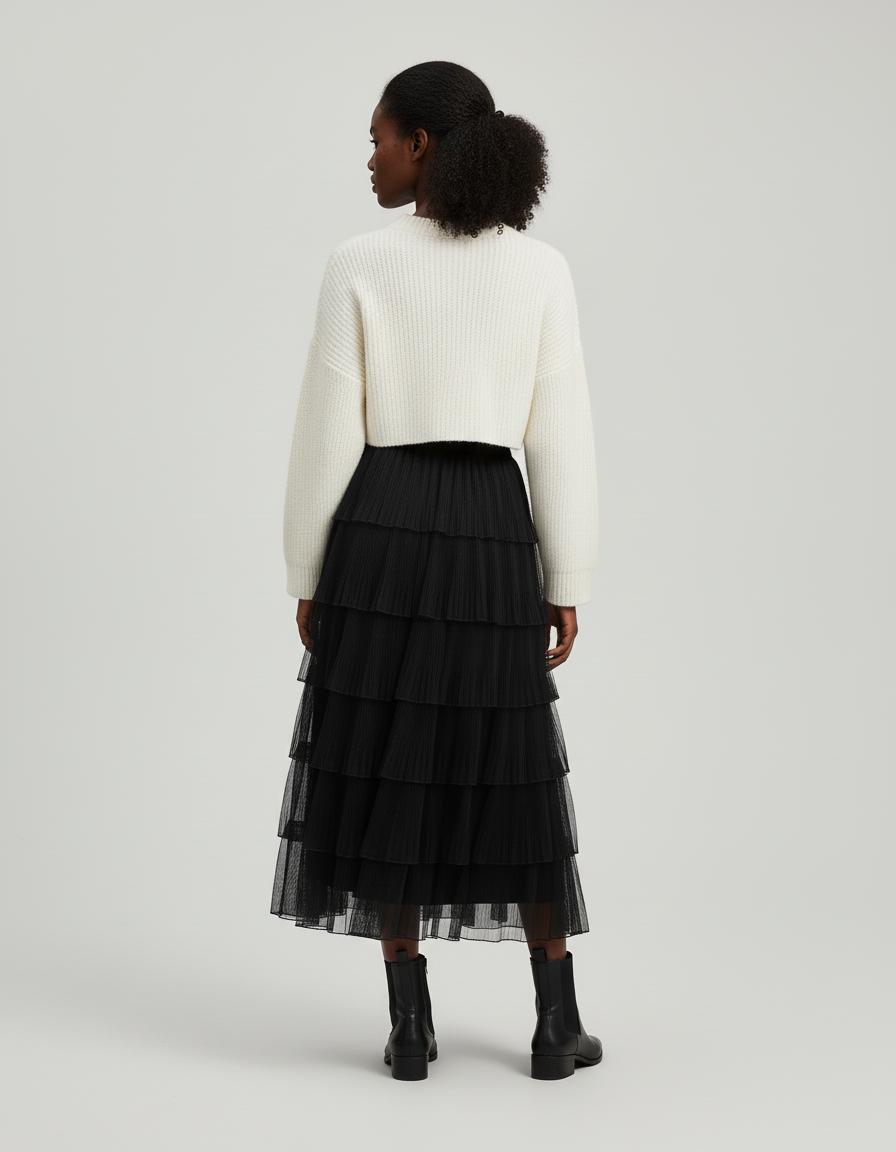 Jupe Longue Noire Plissée Élégante Mode Femme