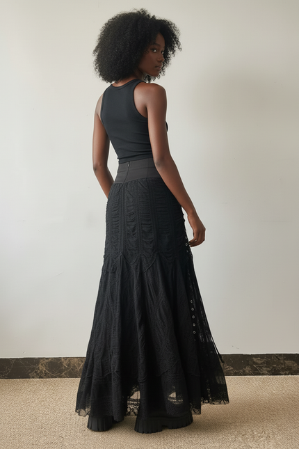 Jupe Longue Noire Dentelle Chic Élégante
