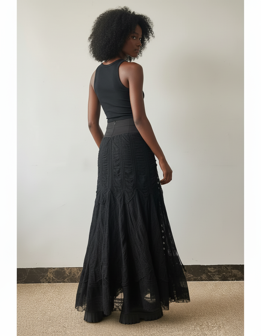 Jupe Longue Noire Dentelle Chic Élégante