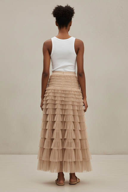 Jupe Longue Beige Tulle Superposée Élégante