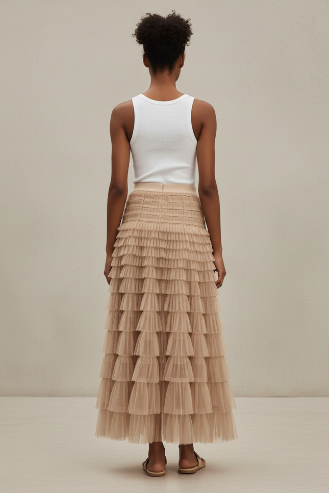 Jupe Longue Beige Tulle Superposée Élégante