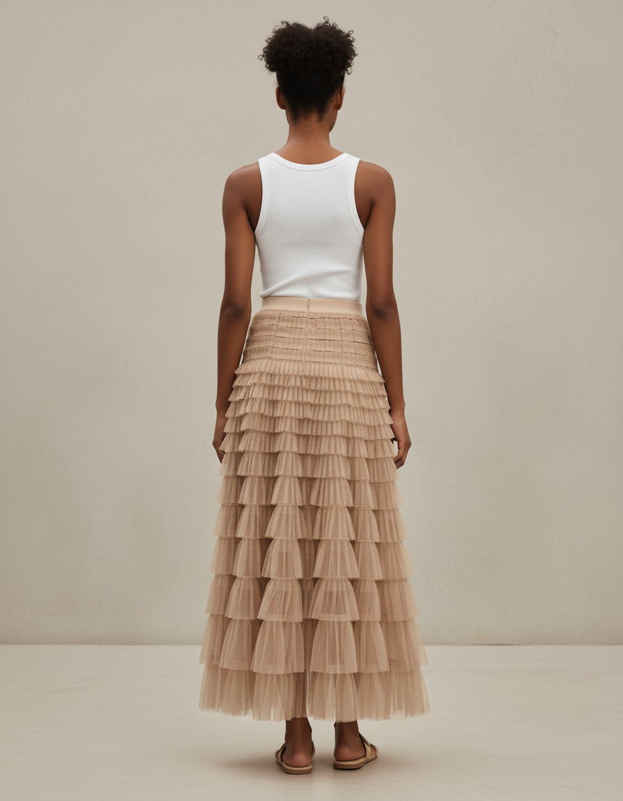 Jupe Longue Beige Tulle Superposée Élégante