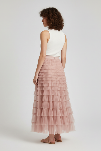 Jupe Longue Rose Poudré Volants Élégante