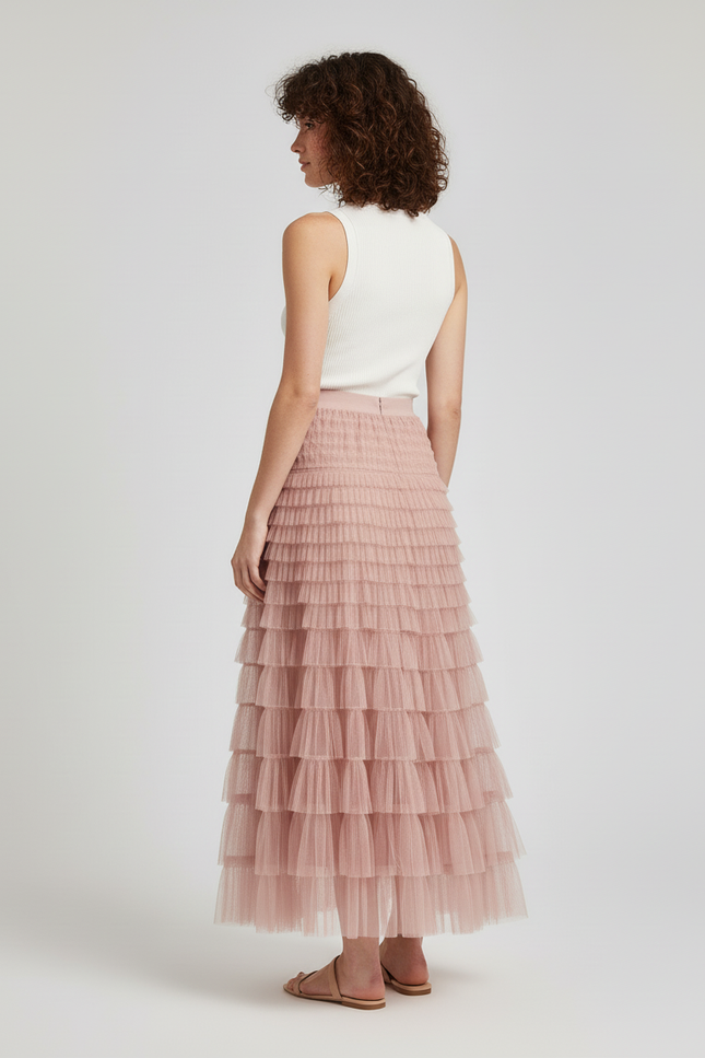 Jupe Longue Rose Poudré Volants Élégante