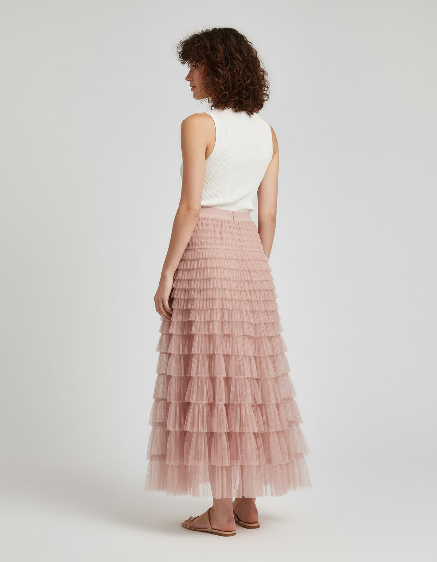 Jupe Longue Rose Poudré Volants Élégante