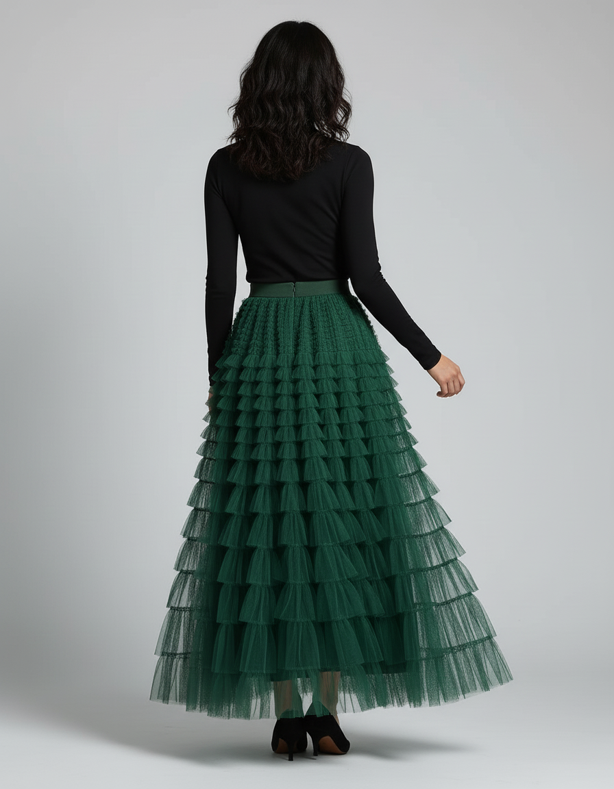 Jupe Longue Verte Volants Élégante