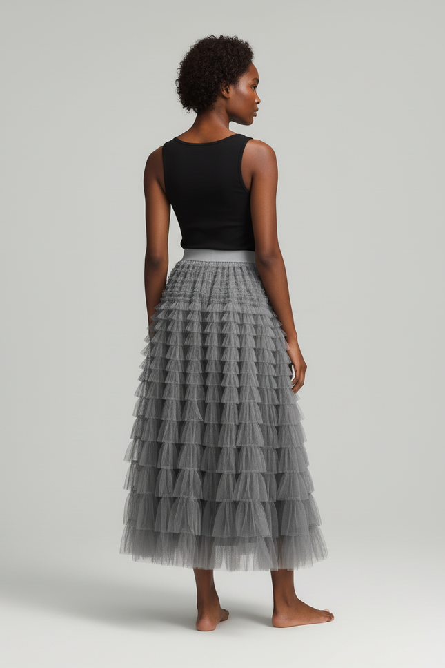 Jupe Longue Tulle Grise Superposée Élégante
