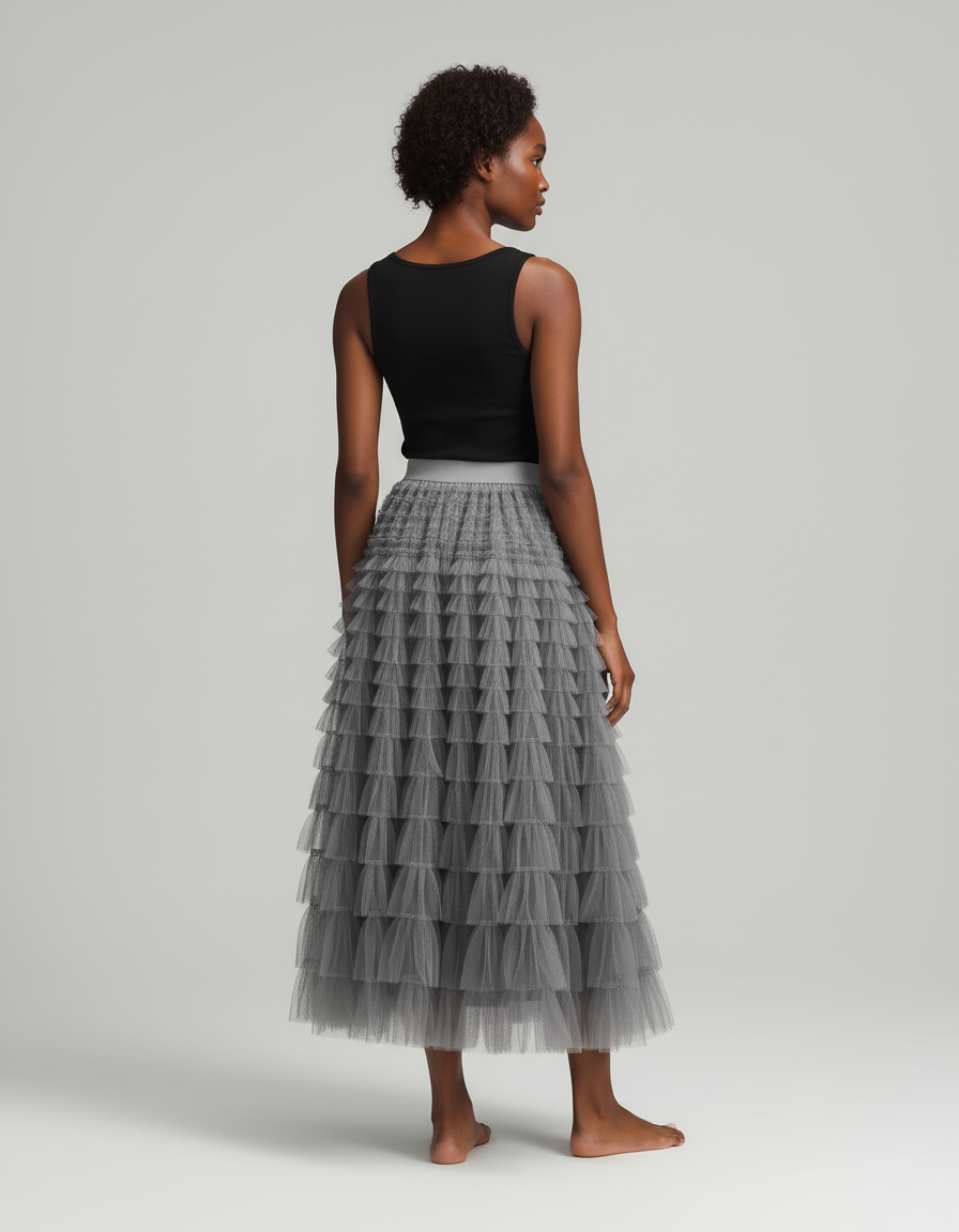 Jupe Longue Tulle Grise Superposée Élégante