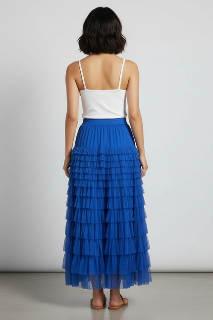 Jupe Longue Bleue Volants Tulle Élégante