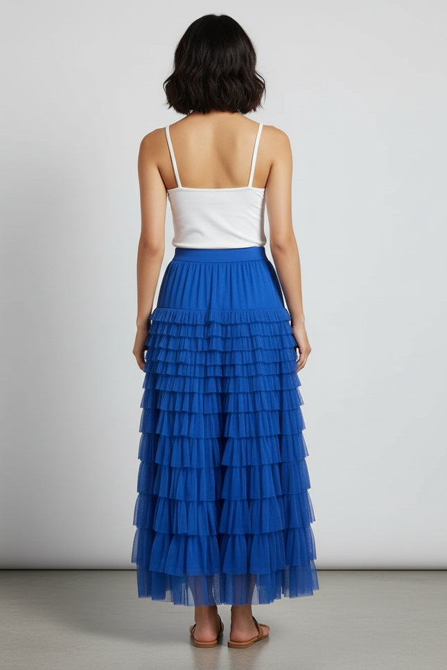 Jupe Longue Bleue Volants Tulle Élégante