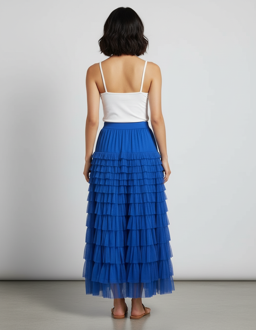 Jupe Longue Bleue Volants Tulle Élégante