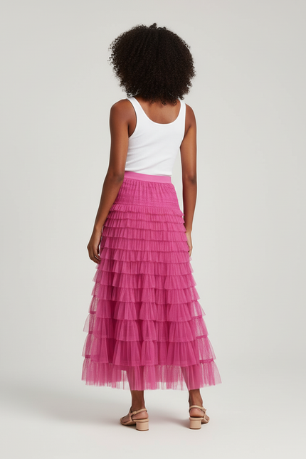 Jupe Longue Rose Fuchsia Volants Élégante