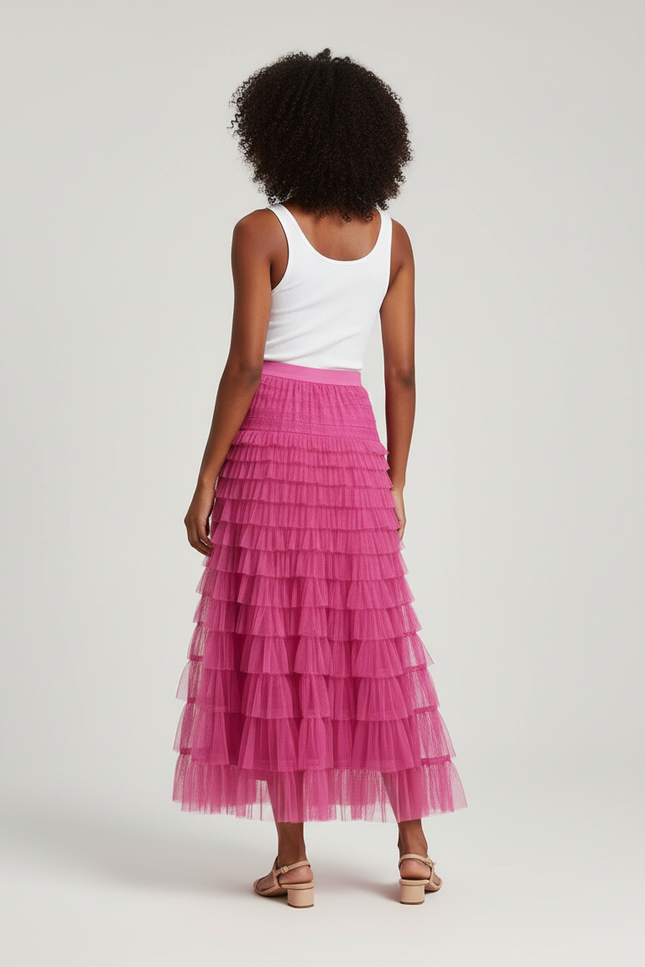 Jupe Longue Rose Fuchsia Volants Élégante