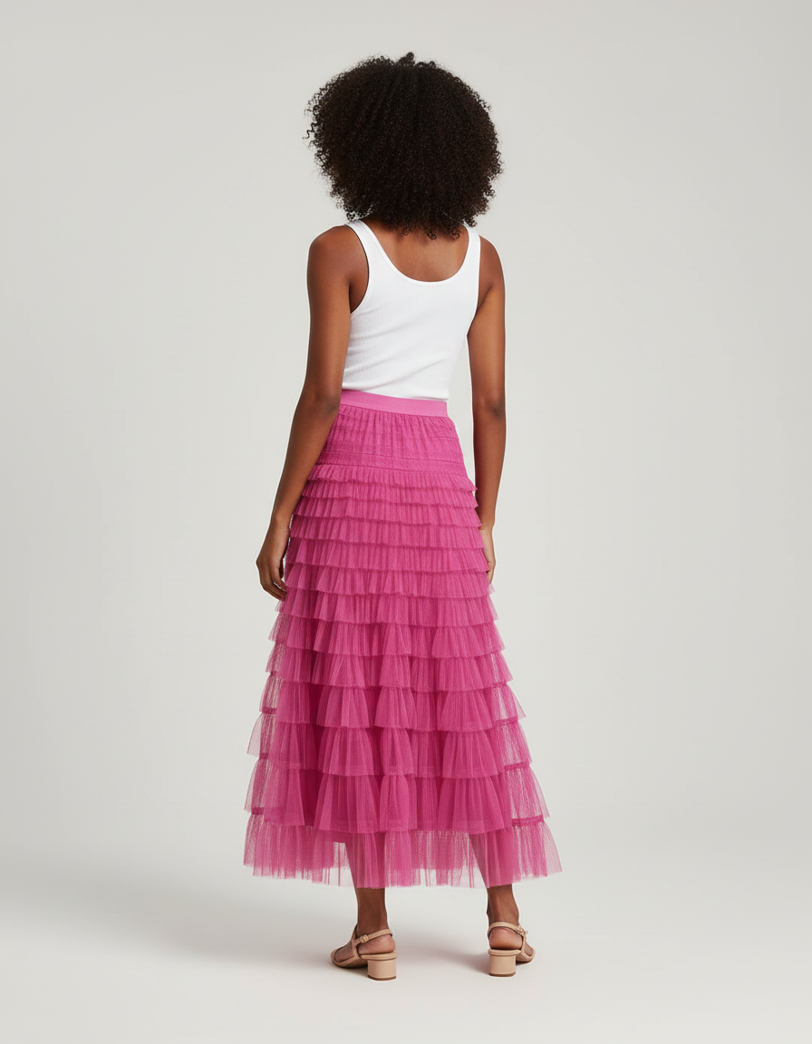 Jupe Longue Rose Fuchsia Volants Élégante