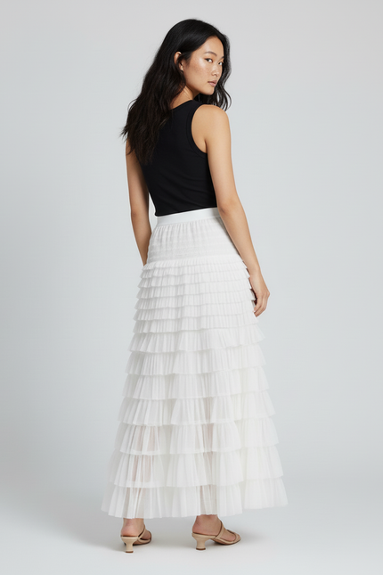 Jupe Longue Blanche Tulle Volants Élégante Mariage