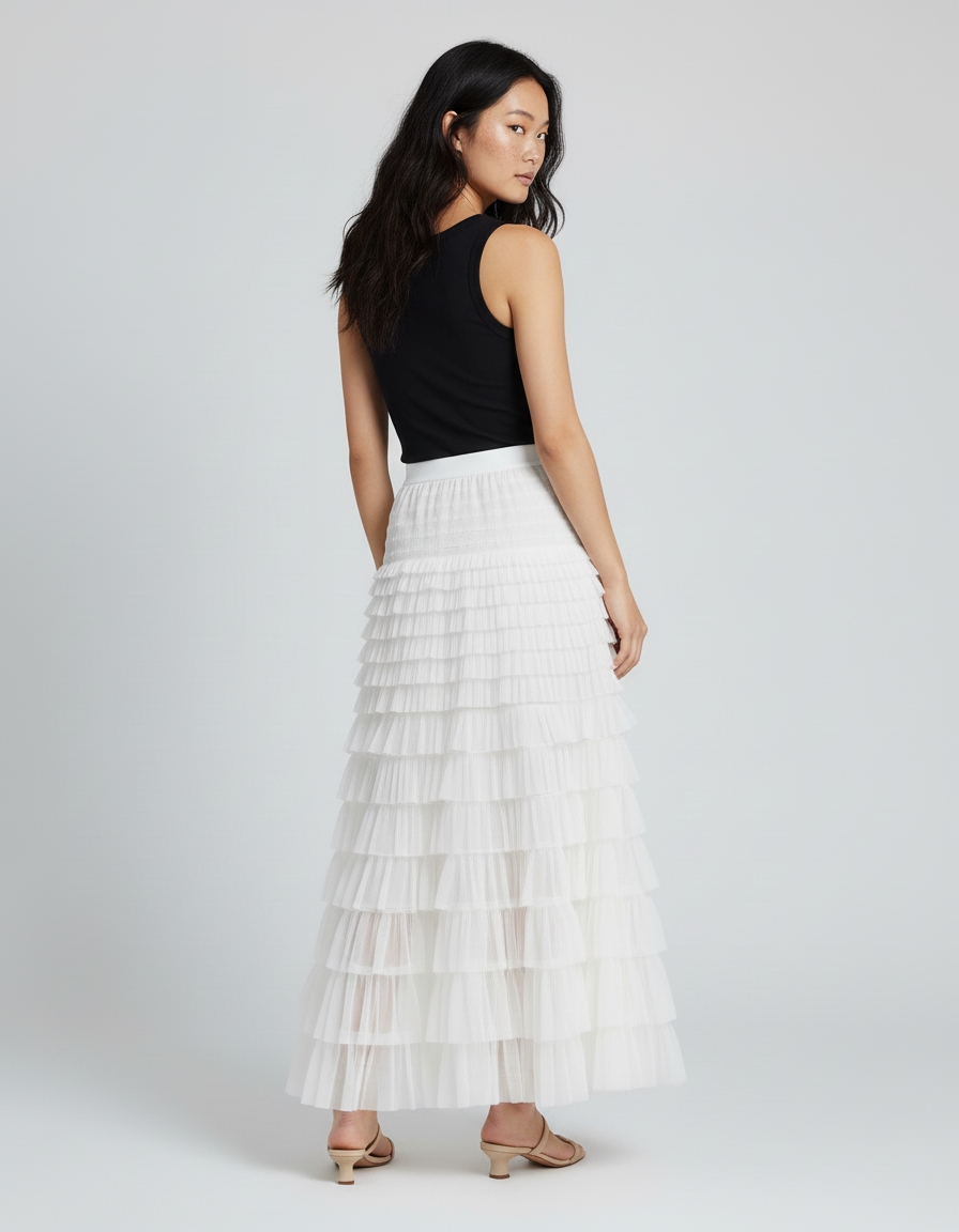 Jupe Longue Blanche Tulle Volants Élégante Mariage