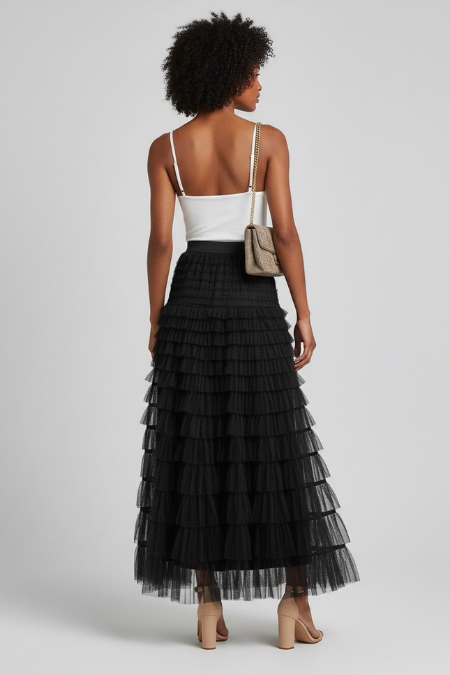 Jupe Longue Noire Volants Élégante