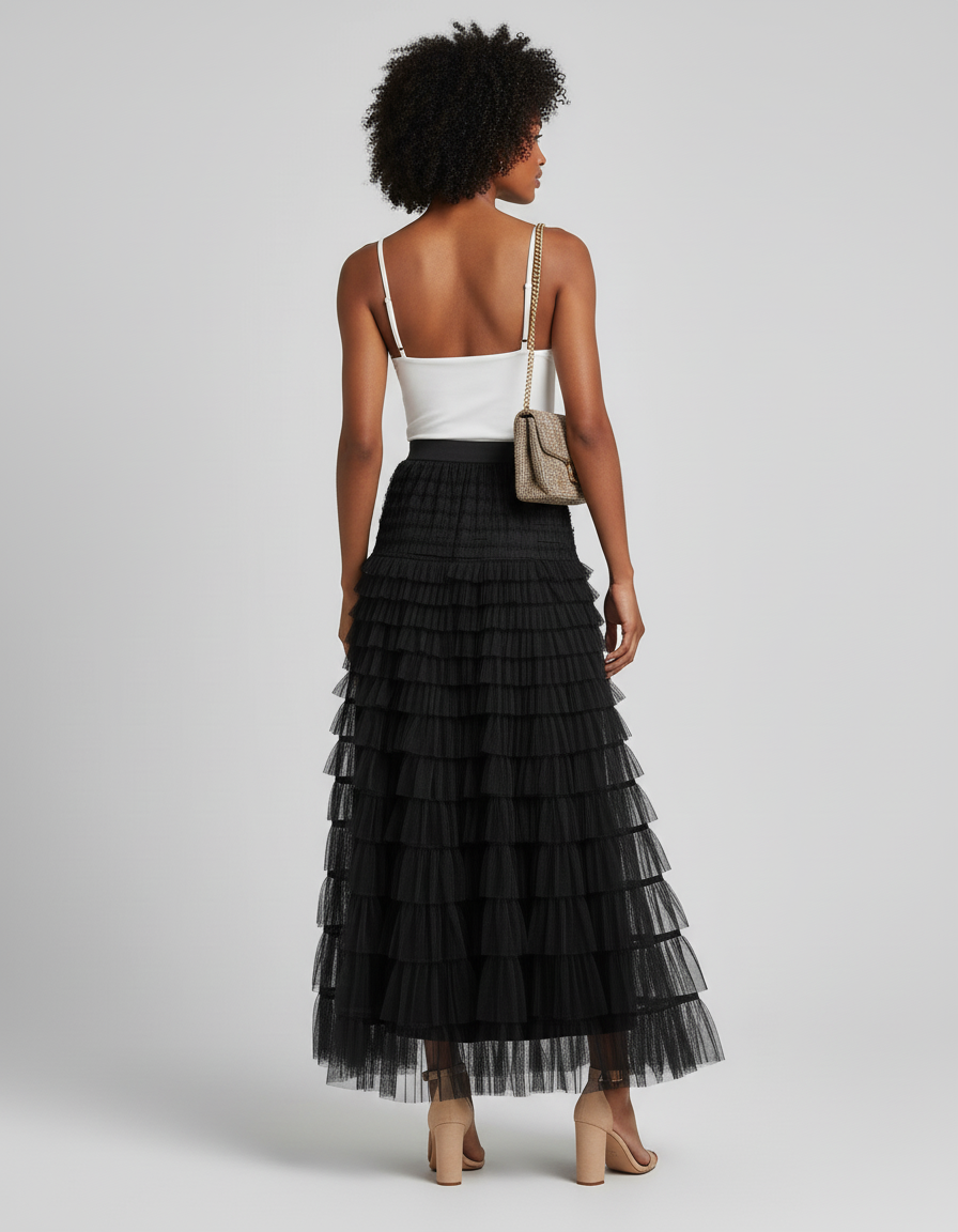 Jupe Longue Noire Volants Élégante
