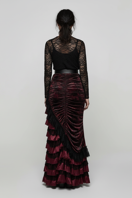 Jupe Longue Velours Bordeaux Volants Élégante